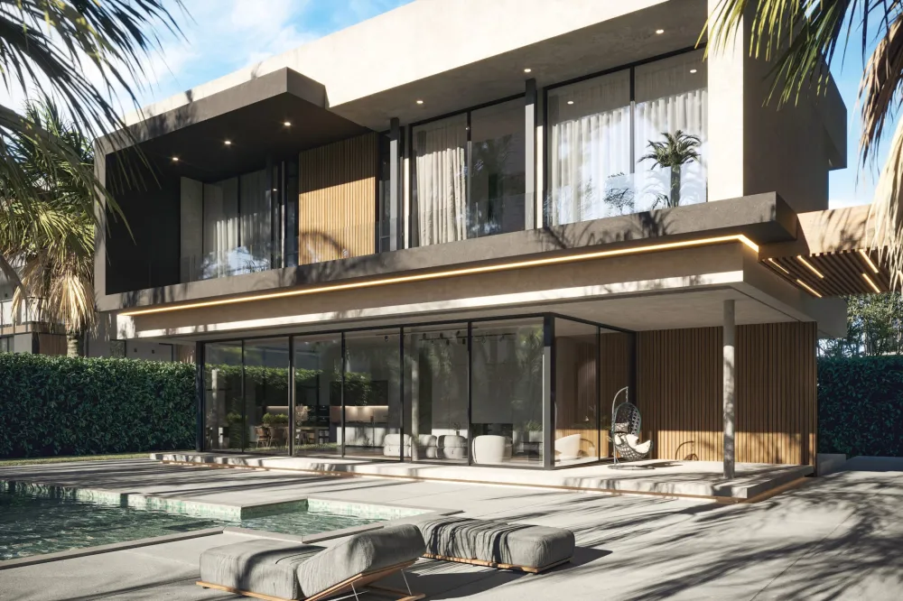 3D rendering ile çağdaş villa dış cephe tasarımı – havuz kenarı cam cephe ve beton saçak uygulaması