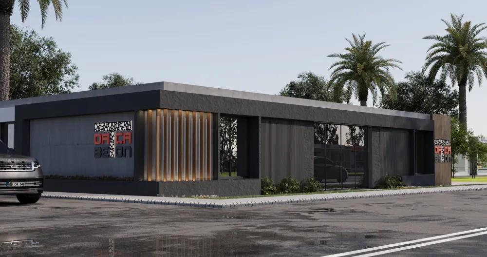 Modern ticari bina dış cephe tasarımı 3D render – perfore metal paneller ve geniş cam cephe detayları