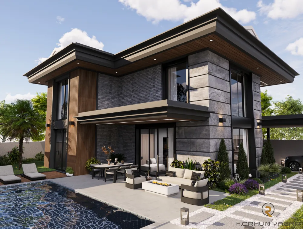 Lüks villa dış cephe tasarımı – yatay metal lameller, beyaz beton cephe ve peyzajlı giriş düzenlemesi