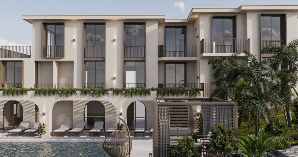 Butik otel dış cephe tasarımı – beyaz taş cephe, ahşap detaylar ve çatı terasında bitki düzenlemesi
